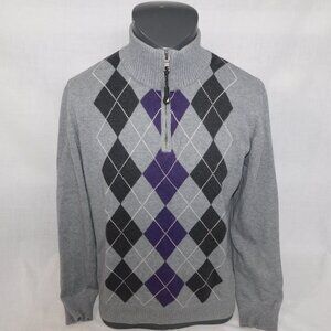 Nautica Mens M Gray Purple argyle mock neck  1/4 Zip Knit Sweater